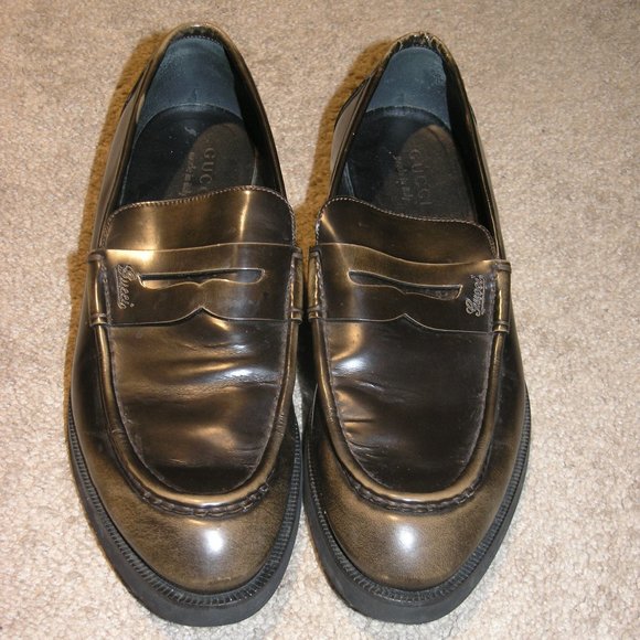 Gucci Script Dark Chestnut Brown Leather Penny Loafers Size 9 - Picture 1 of 9